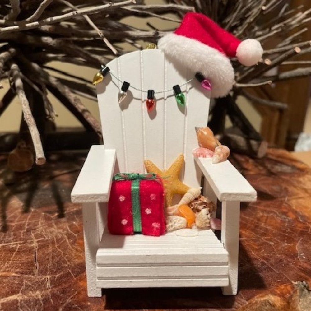 Christmas Beach Adirondack Chair Ornament ~ Sea Shells, Santa Hat & Lights * NEW